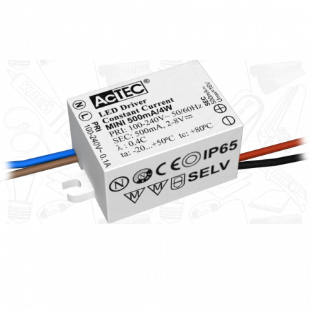 Блок питания AcTEC MINI500mA/4W 2-8В, 4Вт, IP65, 0.5A, 38x27x21мм
